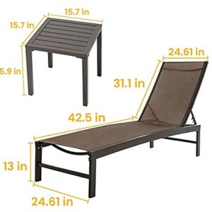 Crestlive Products Adjustable Outdoor Chaise Lounge Chair and Table Set, Aluminum Lounge Chairs Set, Five-Position Recliner, Curved Design, All Weather for Patio, Beach, Yard, Pool(Brown)