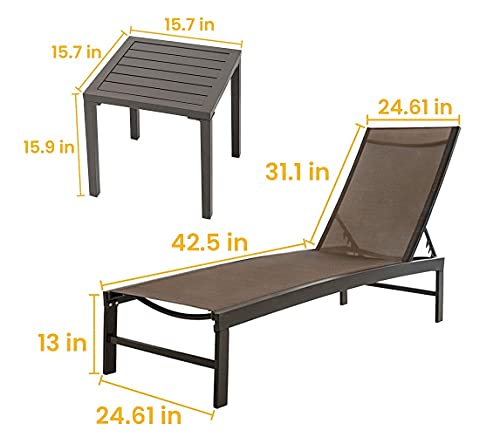 Crestlive Products Adjustable Outdoor Chaise Lounge Chair and Table Set, Aluminum Lounge Chairs Set, Five-Position Recliner, Curved Design, All Weather for Patio, Beach, Yard, Pool(Brown)