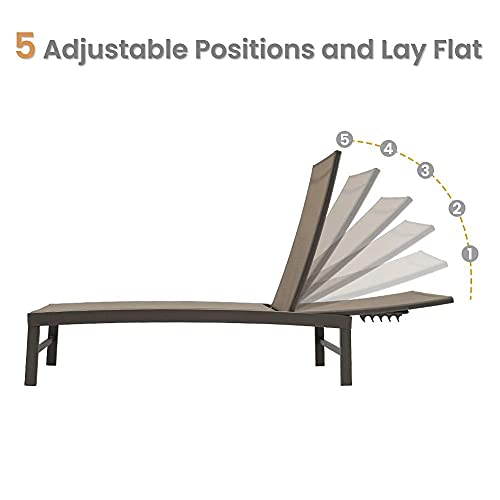 Crestlive Products Adjustable Outdoor Chaise Lounge Chair and Table Set, Aluminum Lounge Chairs Set, Five-Position Recliner, Curved Design, All Weather for Patio, Beach, Yard, Pool(Brown)