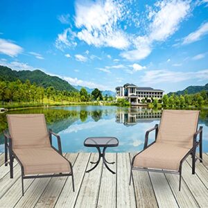 lokatse home outdoor patio adjustable metal chaise lounge chair recliner set of 2 with 1 glass top bistro table, beige
