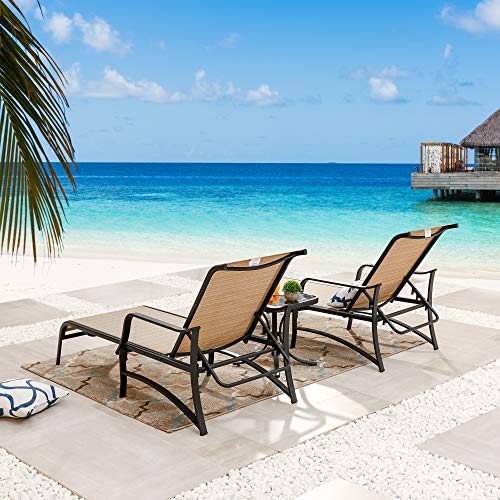 LOKATSE HOME Outdoor Patio Adjustable Metal Chaise Lounge Chair Recliner Set of 2 with 1 Glass Top Bistro Table, Beige