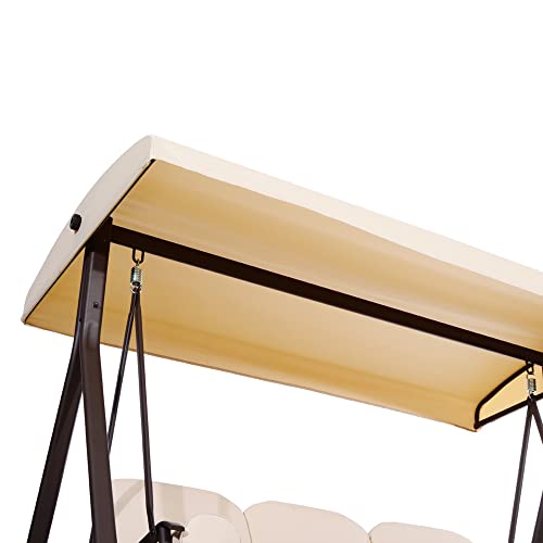 Outsunny 3-Seat Patio Swing Chair, Outdoor Porch Swing Glider with Adjustable Canopy, Removable Cushion, Pillows and Side Trays, for Garden, Poolside, Backyard, Beige