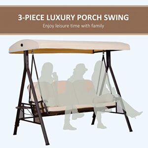 Outsunny 3-Seat Patio Swing Chair, Outdoor Porch Swing Glider with Adjustable Canopy, Removable Cushion, Pillows and Side Trays, for Garden, Poolside, Backyard, Beige