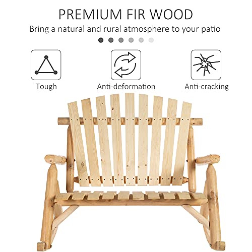 Outsunny Double Wooden Patio Rocking Bench, Adirondack Porch Rocker Chair for 2 Persons with High Rise Slatted Seat & Backrest, Smooth Armrests, Natural