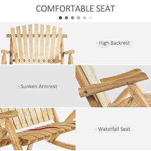 Outsunny Double Wooden Patio Rocking Bench, Adirondack Porch Rocker Chair for 2 Persons with High Rise Slatted Seat & Backrest, Smooth Armrests, Natural