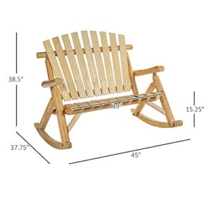 Outsunny Double Wooden Patio Rocking Bench, Adirondack Porch Rocker Chair for 2 Persons with High Rise Slatted Seat & Backrest, Smooth Armrests, Natural