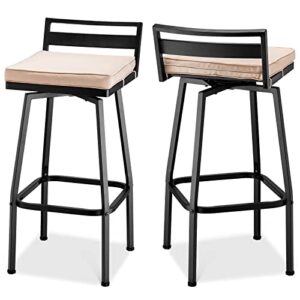 benarome outdoor swivel metal bar stools set, 27″ height low back bar stools with cushion, patio high bistro chair set, all-weather resistant indoor outdoor bar chairs(2)
