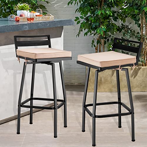 BENAROME Outdoor Swivel Metal Bar Stools Set, 27" Height Low Back Bar Stools with Cushion, Patio High Bistro Chair Set, All-Weather Resistant Indoor Outdoor Bar Chairs(2)