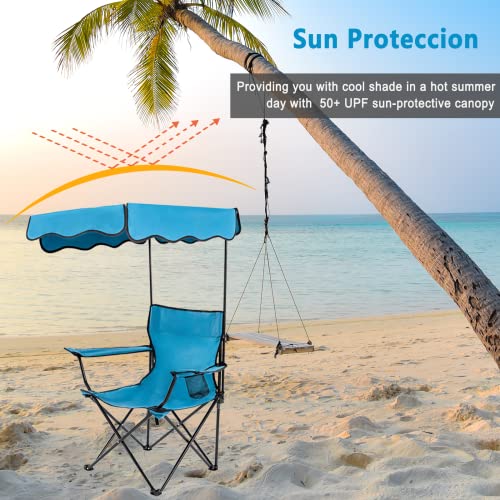 Homcosan Folding Camping Chair with Shade Canopy and Cup Holder Beach Chair with Canopy Shade Thicken 600D Oxford Portable Chairs Heavy Duty Support 330lbs for Outdoor