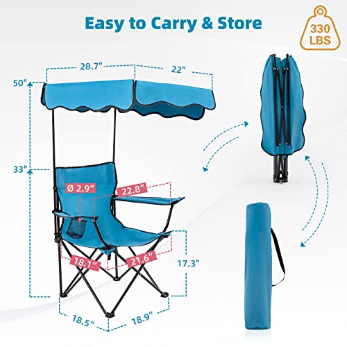 Homcosan Folding Camping Chair with Shade Canopy and Cup Holder Beach Chair with Canopy Shade Thicken 600D Oxford Portable Chairs Heavy Duty Support 330lbs for Outdoor