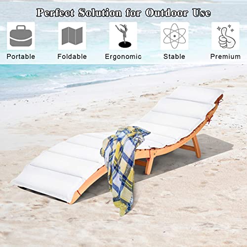 Tangkula Folding Patio Lounge Chair, Solid Eucalyptus Wood Sun Lounger Chair, with Double-Sided Cushioned Seat for Garden Lawn Backyard, Portable Chaise with Foldable Headrest (1)