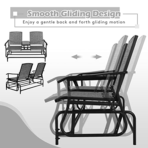 Safstar 2-Person Outdoor Glider, Patio Glider Bench Chairs with Center Tempered Glass Table & Breathable Loveseat, Double Swing Glider Chair for Porch Garden Poolside Balcony Lawn (Gray)