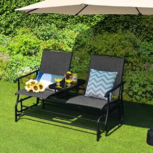 Safstar 2-Person Outdoor Glider, Patio Glider Bench Chairs with Center Tempered Glass Table & Breathable Loveseat, Double Swing Glider Chair for Porch Garden Poolside Balcony Lawn (Gray)