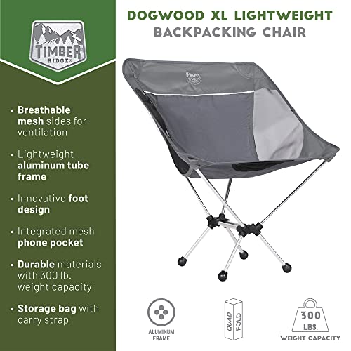 TIMBER RIDGE FC-339L Lightweight Portable Backpacking Folding Compact Camping Adults, Outdoor Chair with Carry Bag for Travel, Hiking, Beach, Supports 300lbs, 22" W x 14.2" D x 28.7" H, Gray