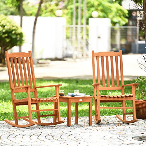 Giantex Rocking Chair 3 Piece Set Wooden W/Two Wood Conversation Chairs and Accent Table for Backyard Porch Poolside Lawn Wooden Rocker Set