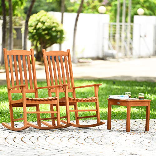 Giantex Rocking Chair 3 Piece Set Wooden W/Two Wood Conversation Chairs and Accent Table for Backyard Porch Poolside Lawn Wooden Rocker Set