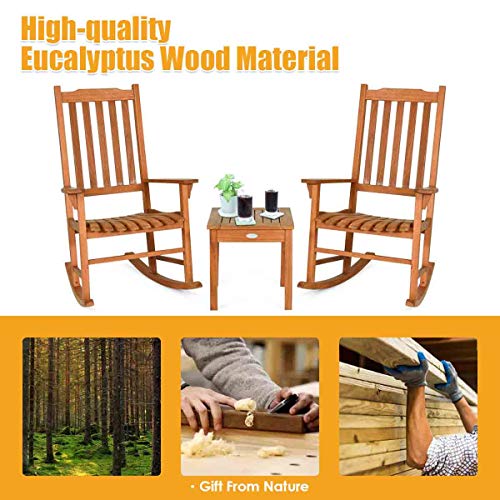 Giantex Rocking Chair 3 Piece Set Wooden W/Two Wood Conversation Chairs and Accent Table for Backyard Porch Poolside Lawn Wooden Rocker Set