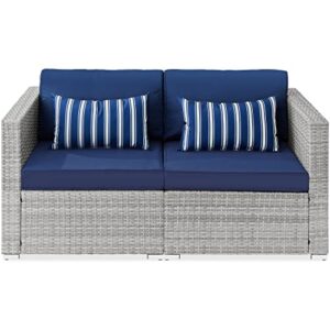 best choice products 2-person outdoor patio loveseat sofa, modular wicker couch furniture conversation set w/ 2 accent pillows, adjustable feet, 550lb weight capacity – gray/navy