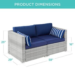 Best Choice Products 2-Person Outdoor Patio Loveseat Sofa, Modular Wicker Couch Furniture Conversation Set w/ 2 Accent Pillows, Adjustable Feet, 550lb Weight Capacity - Gray/Navy