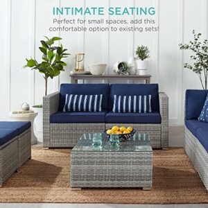 Best Choice Products 2-Person Outdoor Patio Loveseat Sofa, Modular Wicker Couch Furniture Conversation Set w/ 2 Accent Pillows, Adjustable Feet, 550lb Weight Capacity - Gray/Navy