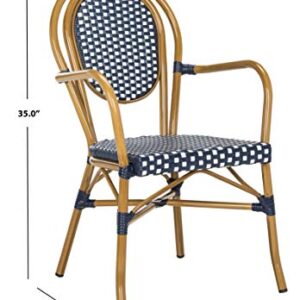 Safavieh PAT4014A-SET2 Outdoor Collection Rosen Navy and White French Bistro Stacking Arm Chair