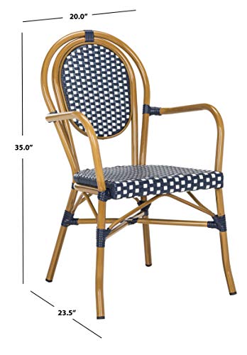 Safavieh PAT4014A-SET2 Outdoor Collection Rosen Navy and White French Bistro Stacking Arm Chair