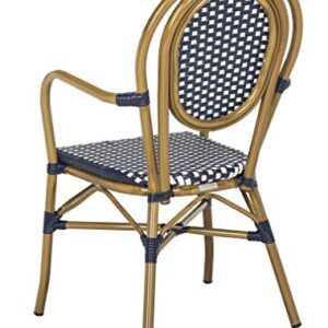 Safavieh PAT4014A-SET2 Outdoor Collection Rosen Navy and White French Bistro Stacking Arm Chair