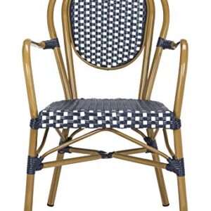 Safavieh PAT4014A-SET2 Outdoor Collection Rosen Navy and White French Bistro Stacking Arm Chair