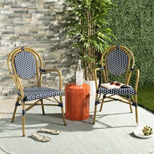 Safavieh PAT4014A-SET2 Outdoor Collection Rosen Navy and White French Bistro Stacking Arm Chair