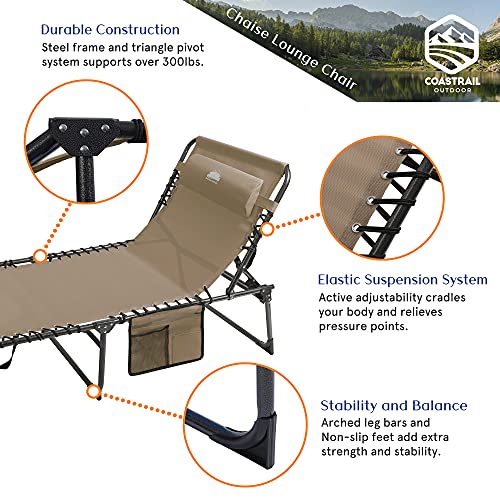 Coastrail Outdoor Chaise Lounge Chair 4 Position Folding Recliner with Pillow Bonus Pockets for Beach Patio Lawn Outdoor Pool Tanning, Up to 400lbs, Beige (Model: Folding Chaise Lounge Chair)