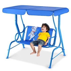 happygrill mini patio swing 2 seats porch swing with safety belt outdoor lounge chair hammock with canopy for kids, blue
