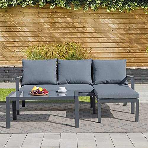 Soleil Jardin Outdoor Patio Furniture Set with Chaise Lounge, Aluminum Sofa Set for Porch Garden, Space Saving L-Shaped Corner Sectional Chair with Glass Coffee Table, Dark Grey Finish & Grey Cushion