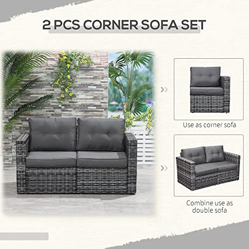 Outsunny 2 Piece Patio Wicker Corner Sofa Set, Outdoor PE Rattan Furniture, with Curved Armrests and Padded Cushions for Balcony, Garden, or Lawn, Lawn, Grey