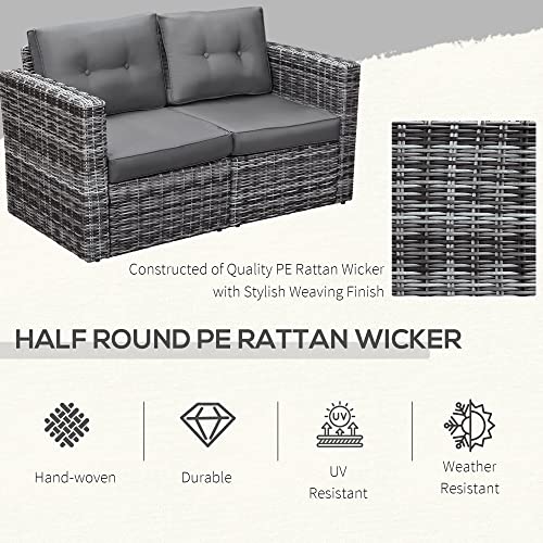 Outsunny 2 Piece Patio Wicker Corner Sofa Set, Outdoor PE Rattan Furniture, with Curved Armrests and Padded Cushions for Balcony, Garden, or Lawn, Lawn, Grey