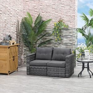 Outsunny 2 Piece Patio Wicker Corner Sofa Set, Outdoor PE Rattan Furniture, with Curved Armrests and Padded Cushions for Balcony, Garden, or Lawn, Lawn, Grey