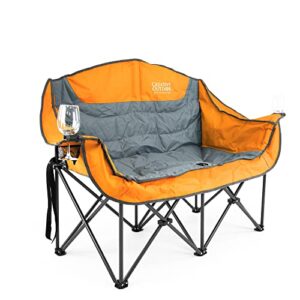 creative outdoor distributor luxury camp chair, steel frame & polyester fabrics, folds compact, storage bag included (wine holder + 2 person, orange)