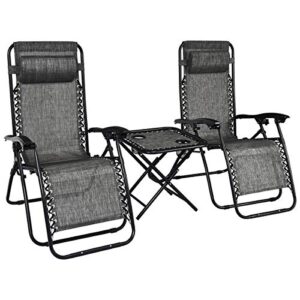 s afstar safstar folding zero gravity lounge chair set, 3 pcs outdoor recliners w/removable headrest and portable table for balcony patio poolside (gray)