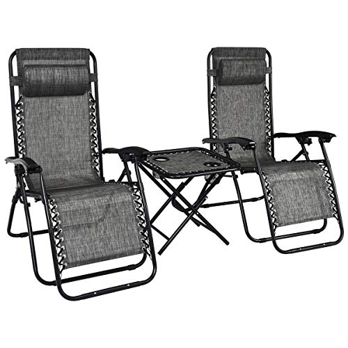 S AFSTAR Safstar Folding Zero Gravity Lounge Chair Set, 3 PCS Outdoor Recliners w/Removable Headrest and Portable Table for Balcony Patio Poolside (Gray)