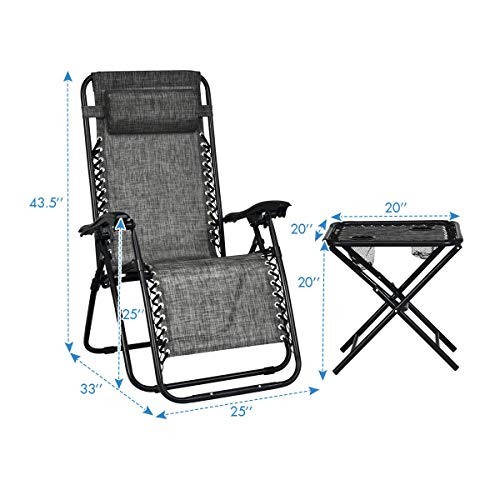 S AFSTAR Safstar Folding Zero Gravity Lounge Chair Set, 3 PCS Outdoor Recliners w/Removable Headrest and Portable Table for Balcony Patio Poolside (Gray)