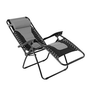 HERA'S PALACE Outdoor Folding Reclining Lawn Chair, Adjustable Zero Gravity Lounge Chair XL with Pillow and Cup Holder for Indoor, Patio, Support 300lbs (Gray & Black)