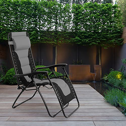 HERA'S PALACE Outdoor Folding Reclining Lawn Chair, Adjustable Zero Gravity Lounge Chair XL with Pillow and Cup Holder for Indoor, Patio, Support 300lbs (Gray & Black)