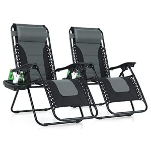 phi villa set of 2 padded zero gravity lounge chair folding patio recliner with adjustable headrest & cup holder, support 350 lbs(grey)