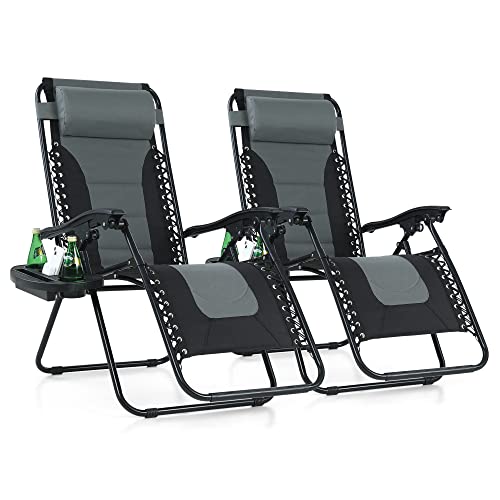 PHI VILLA Set of 2 Padded Zero Gravity Lounge Chair Folding Patio Recliner with Adjustable Headrest & Cup Holder, Support 350 LBS(Grey)