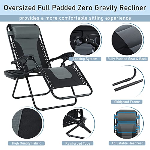 PHI VILLA Set of 2 Padded Zero Gravity Lounge Chair Folding Patio Recliner with Adjustable Headrest & Cup Holder, Support 350 LBS(Grey)