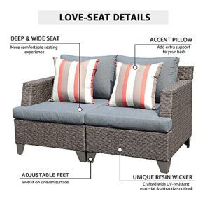 SUNSITT Outdoor Wicker Loveseat Patio Furniture with Grey Cushions, Sofa Cover & 2 Throw Pillows Included, Grey Brown PE Wicker