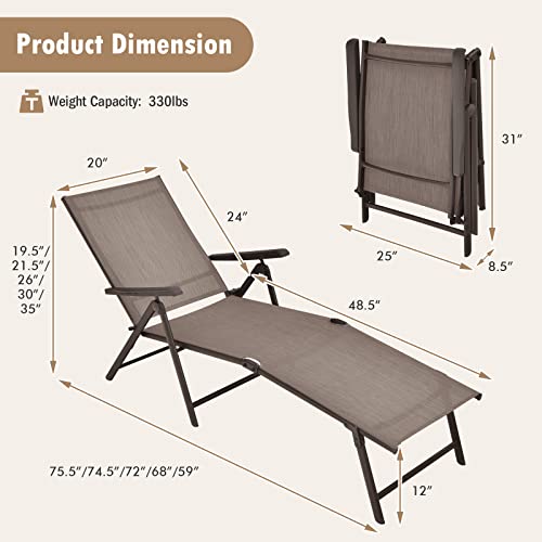 Tangkula Outdoor Chaise Lounge, Folding Recliner Lounge Chair with 5-Position Adjustable Backrest & 2-Position Footrest, No Assembly Required, Suitable for Patio Poolside Beach Yard (1, Brown)