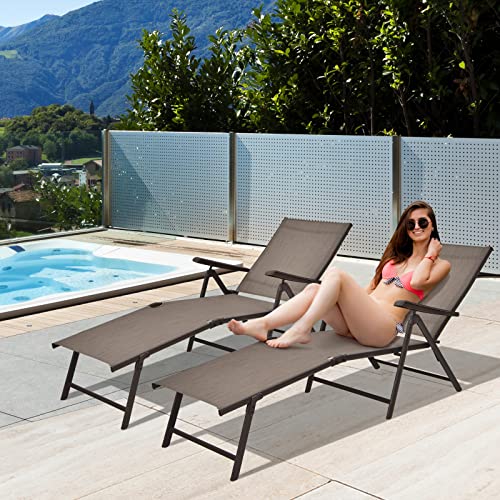 Tangkula Outdoor Chaise Lounge, Folding Recliner Lounge Chair with 5-Position Adjustable Backrest & 2-Position Footrest, No Assembly Required, Suitable for Patio Poolside Beach Yard (1, Brown)