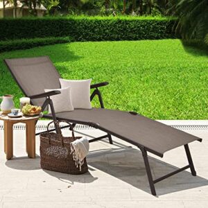 Tangkula Outdoor Chaise Lounge, Folding Recliner Lounge Chair with 5-Position Adjustable Backrest & 2-Position Footrest, No Assembly Required, Suitable for Patio Poolside Beach Yard (1, Brown)