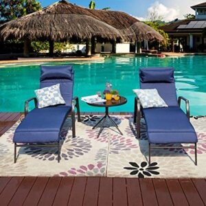 lokatse home 3 pieces outdoor patio chaise lounge set 2 adjustable chairs and 1 bistro table with removable cushions, dark blue