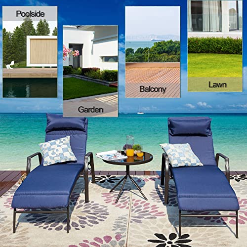 LOKATSE HOME 3 Pieces Outdoor Patio Chaise Lounge Set 2 Adjustable Chairs and 1 Bistro Table with Removable Cushions, Dark Blue